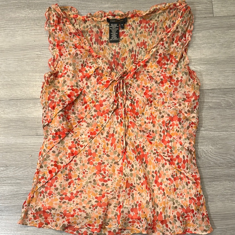 BCBGMaxAzria Pink and Orange floral silk flirty blouse